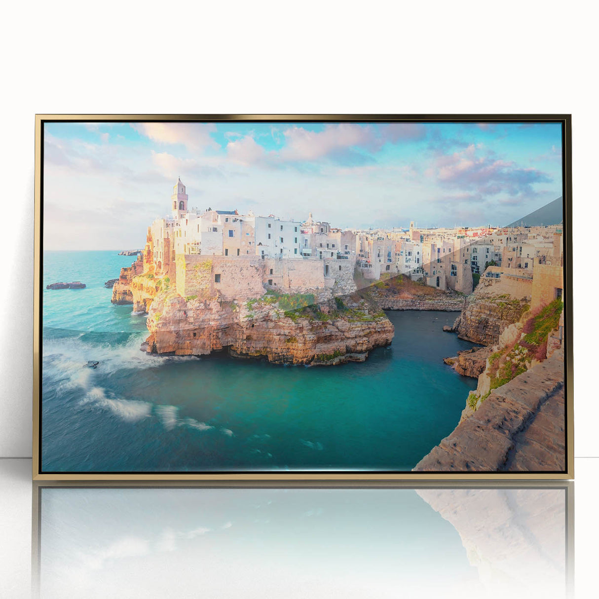 Art deco poster of a scenic Corsican landscape in gold tones, acrylic framed, ideal for modern art wall decor.
