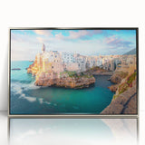 Landscape print of Corsica with muted blue and green tones on a silver-framed acrylic, ideal for modern art wall decor.