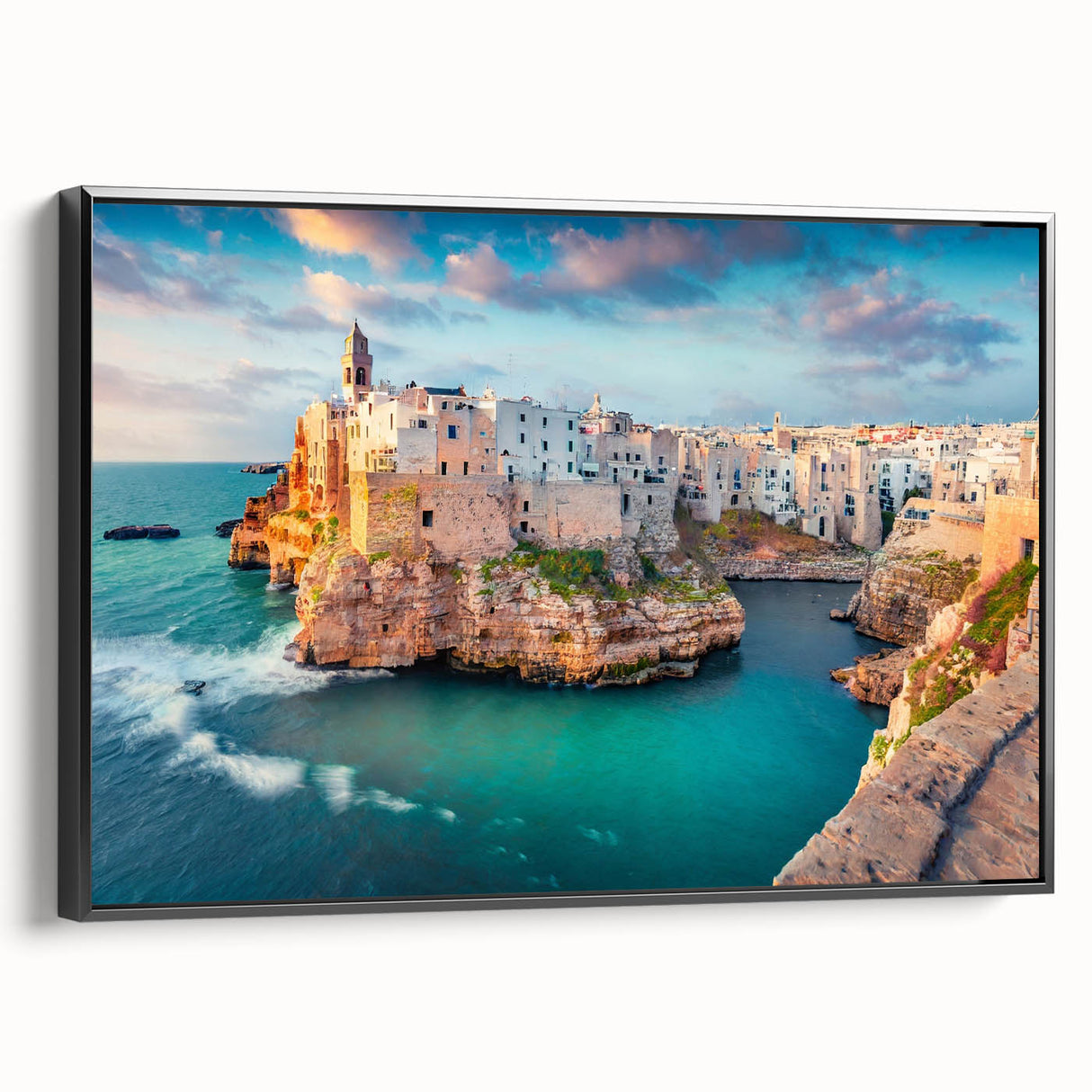 Black and white landscape art painting of Corsica, France on framed canvas, ideal for bedroom wall decor.