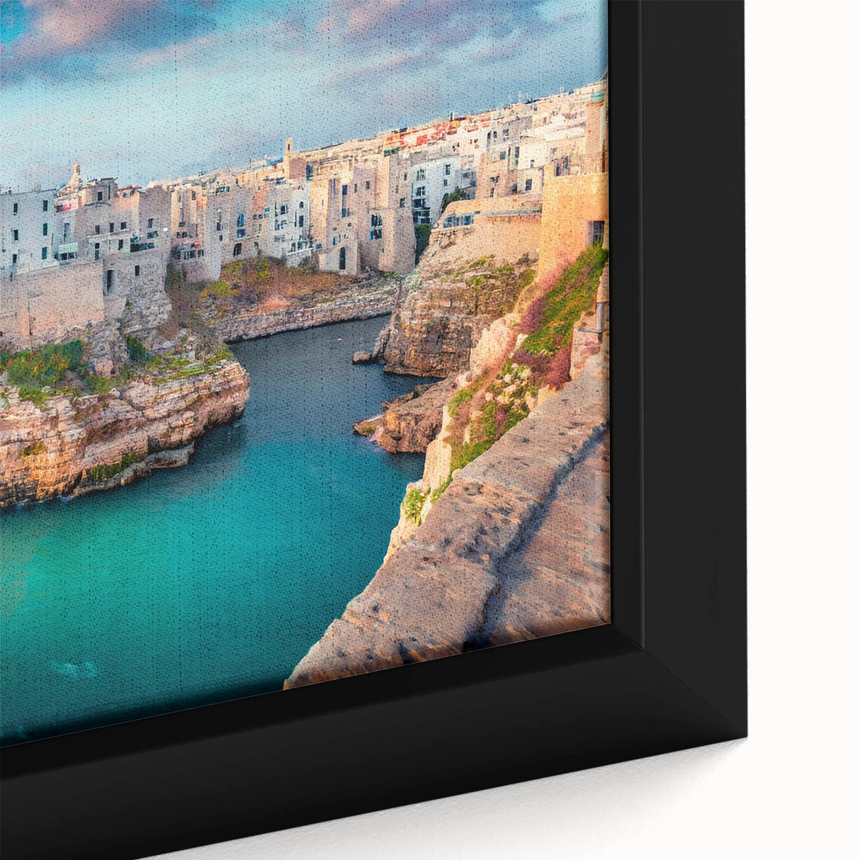 Framed canvas featuring a black-based, textured portrayal of a European scenery with vibrant, colorful accents.