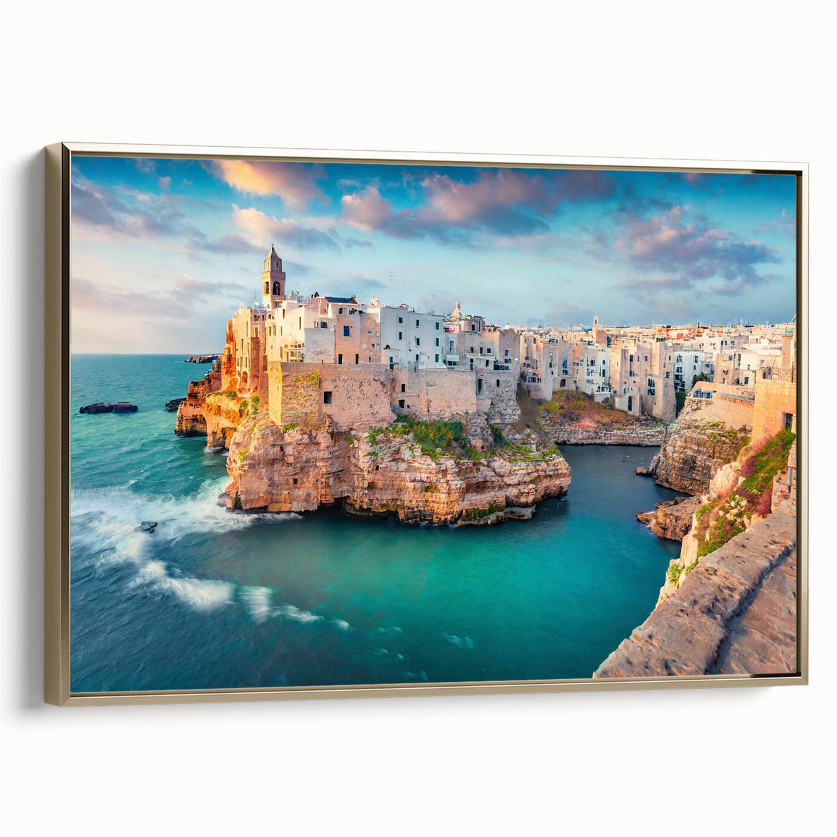 Framed canvas featuring a vintage poster art of Corsica landscape in muted earth tones, ideal for bedroom wall decor.