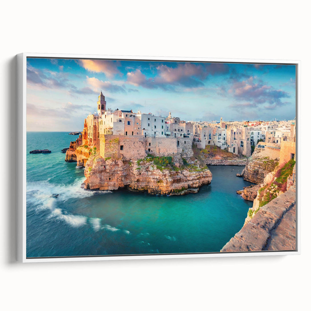 Vintage poster art of a scenic Corsican landscape in vibrant colors on a large framed canvas, ideal for living room decor.