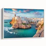 Vintage poster art of a scenic Corsican landscape in vibrant colors on a large framed canvas, ideal for living room decor.