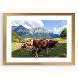 Abstract art print of the French Alps in muted earth tones on a framed canvas, suitable for dining room decor.