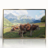 Acrylic print of the French Alps in muted earth tones, framed in gold, ideal for modern art wall decor.