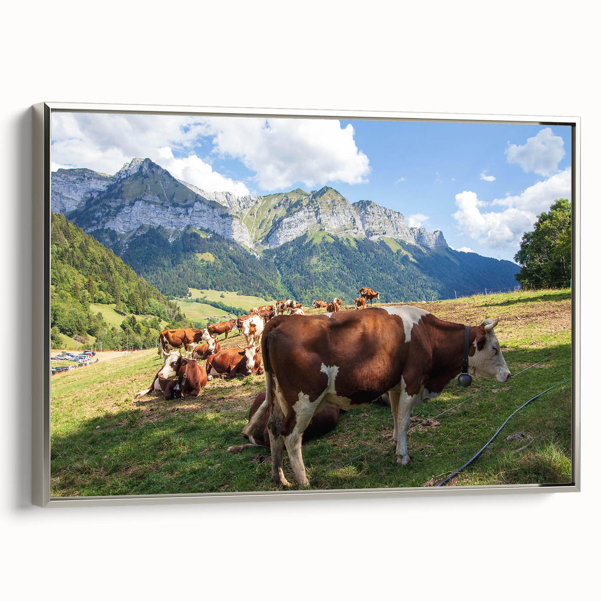 Landscape art painting of the French Alps in muted earth tones on a framed canvas, suitable for office or study room decor.
