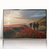 Large art print of a Normandy landscape in muted green and blue tones, framed in silver acrylic.