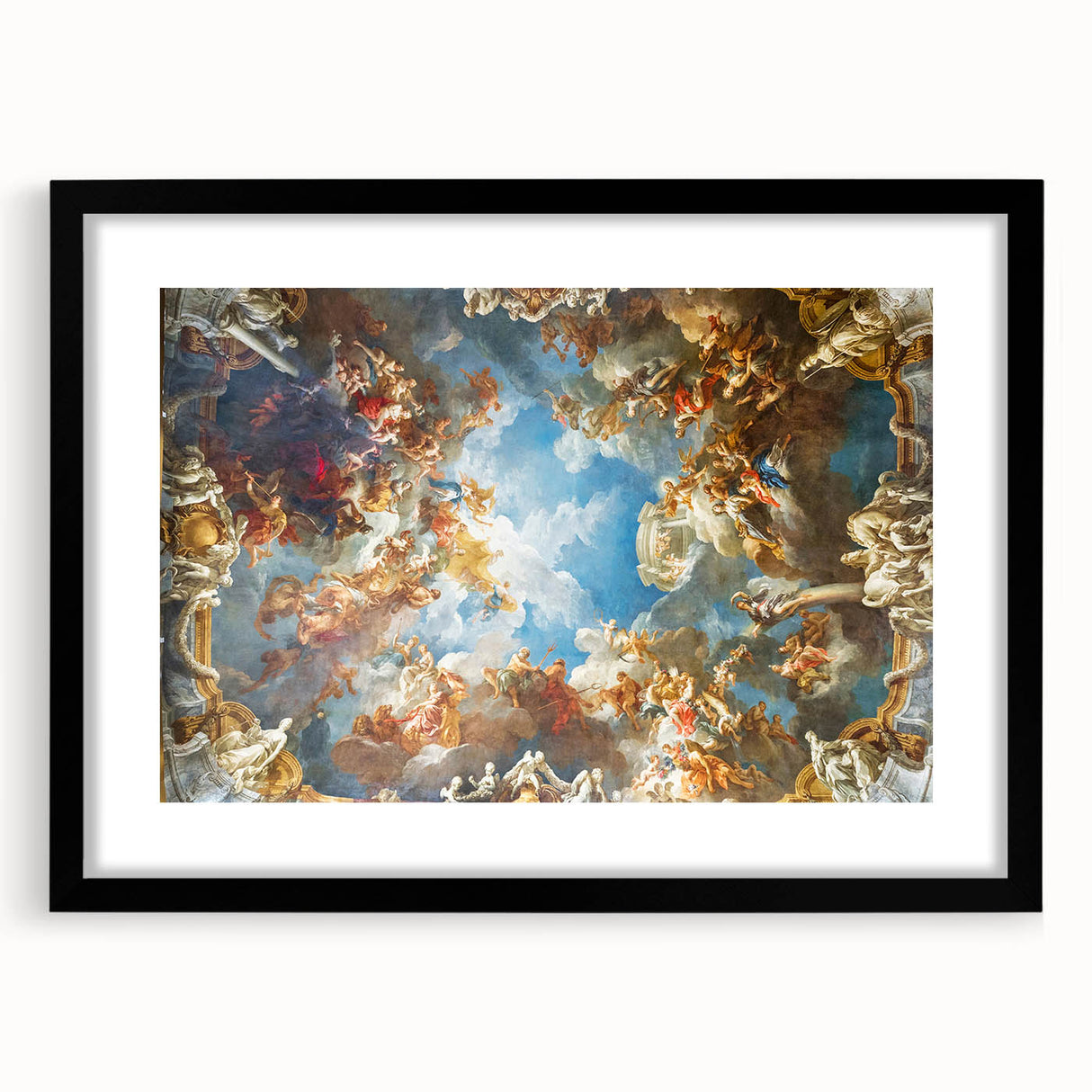 Abstract art print of Versailles scenery in vibrant colors on a large textured canvas, framed in black.