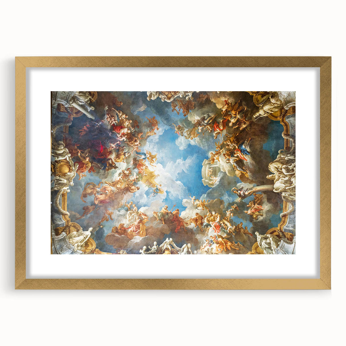 Abstract art print of Versailles scenery in muted gold and green tones on a framed canvas, suitable for dining room decor.