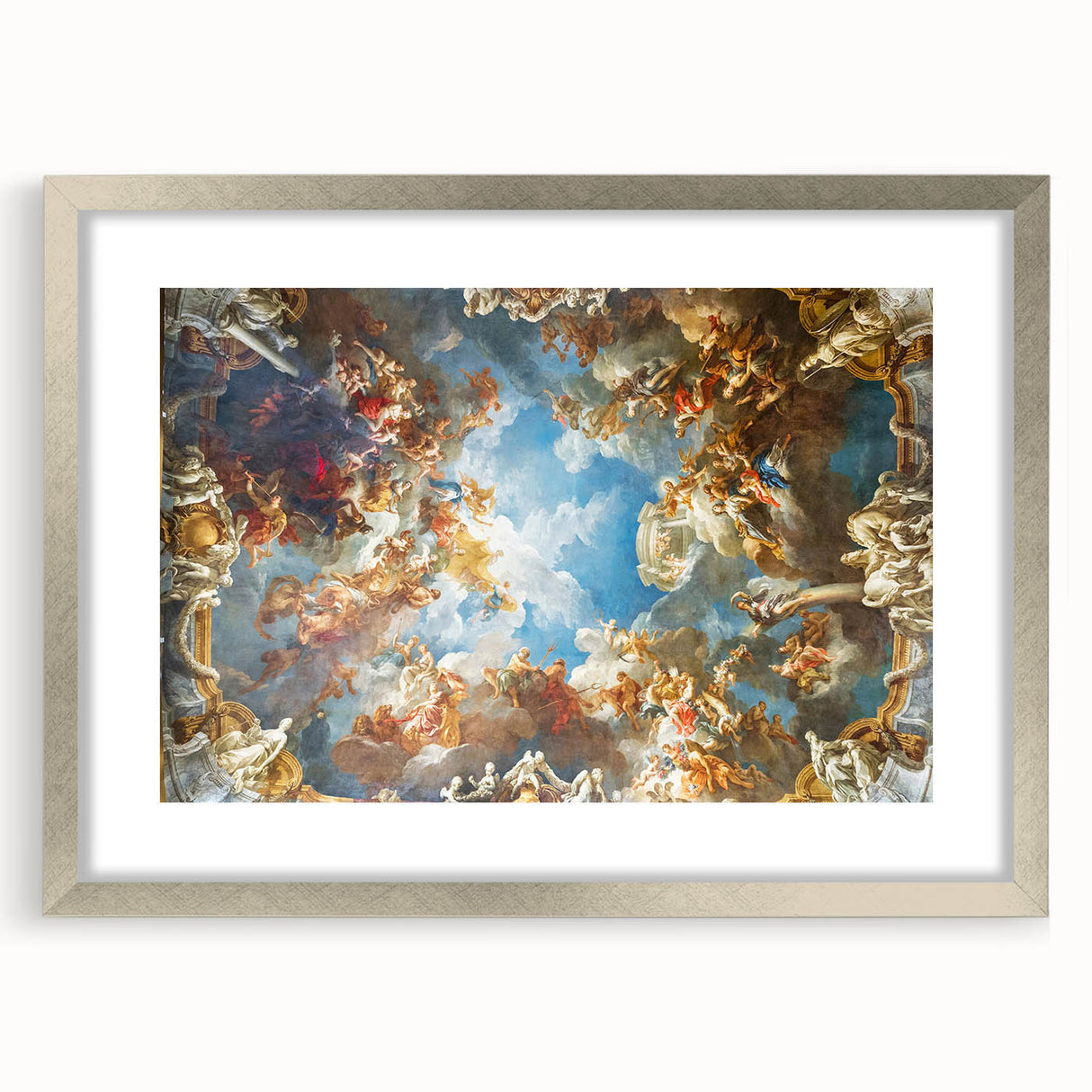 Extra large wall art depicting an abstract interpretation of the Versailles scenery in muted gray and silver tones.