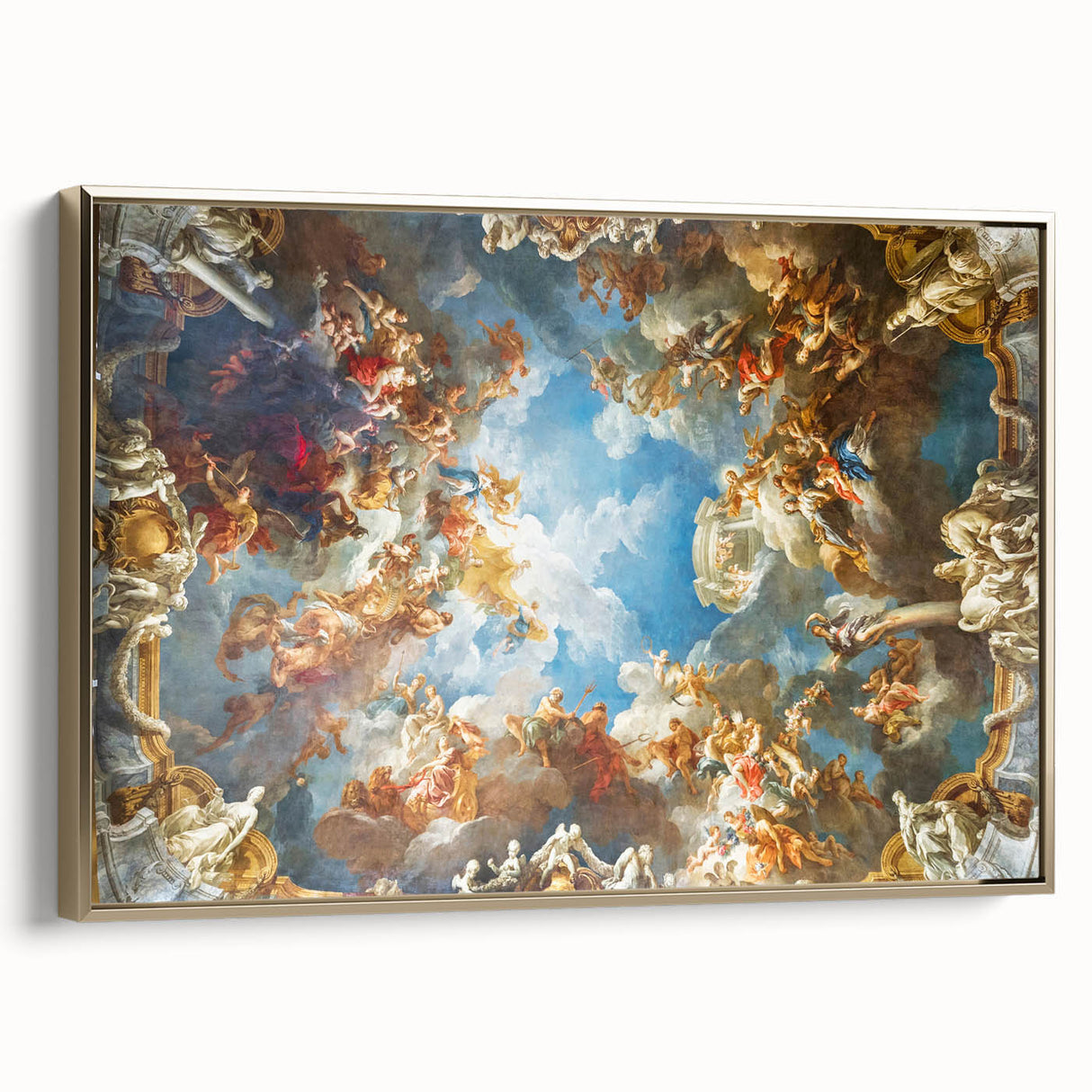 Vintage poster art of the Versailles landscape on framed canvas, featuring muted gold and black tones.