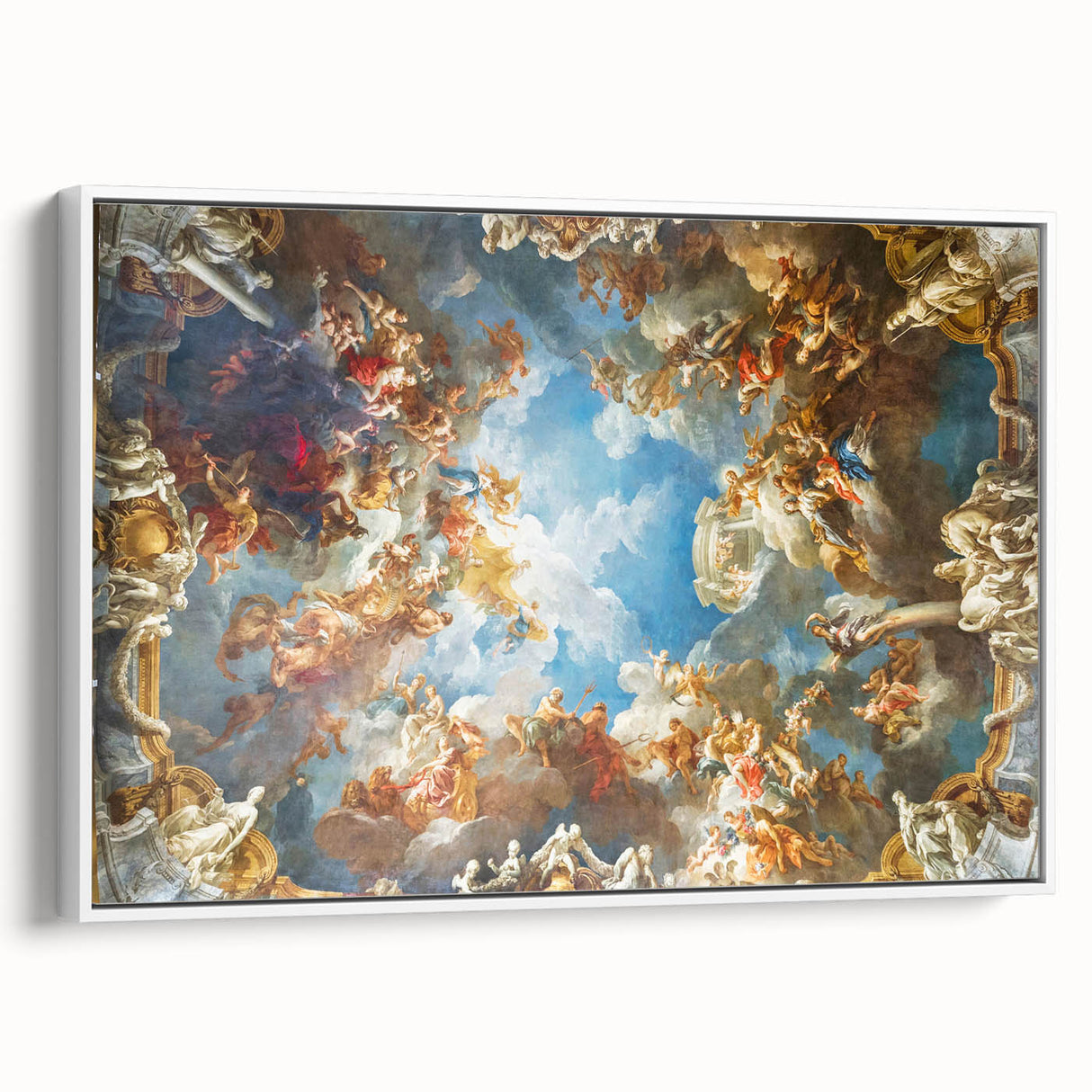 Vintage poster art of Versailles scenery on extra large framed canvas, featuring colorful art on a black background.