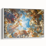 Vintage poster art of Versailles scenery on extra large framed canvas, featuring colorful art on a black background.