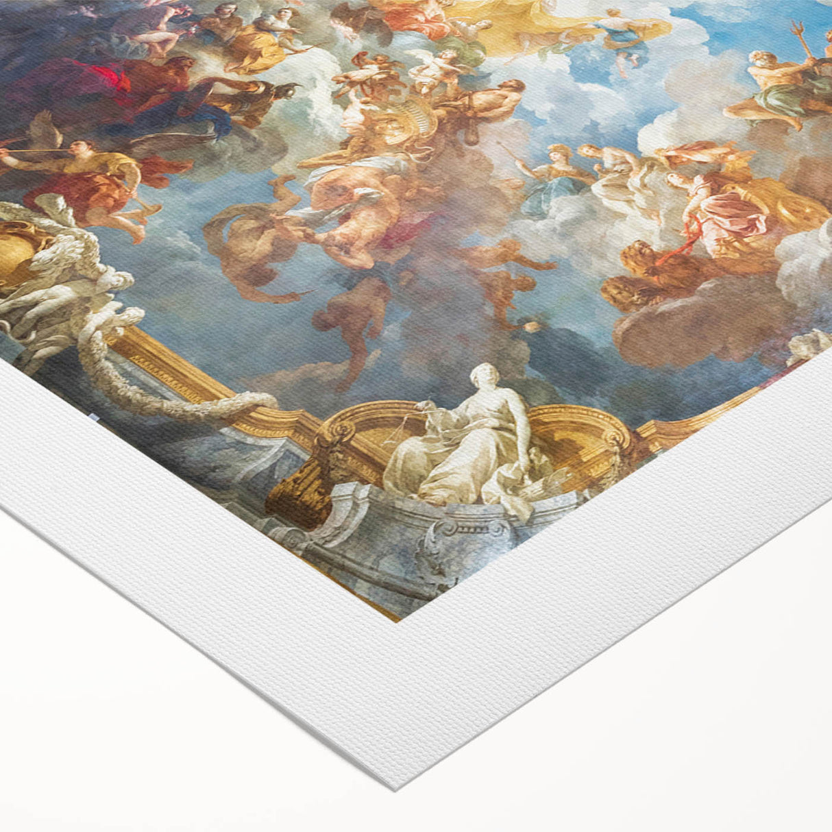 Art deco poster of the Versailles gardens on rolled canvas, featuring muted green and beige tones.