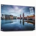 Acrylic print of a Berlin cityscape in muted gray and blue tones, suitable for bedroom or dining room decor.