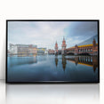 Large abstract wall art of Berlin cityscape in muted gray and blue tones on framed acrylic.