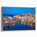 Framed canvas featuring a vintage-style landscape of Crete, Greece with vibrant colors on a black background.