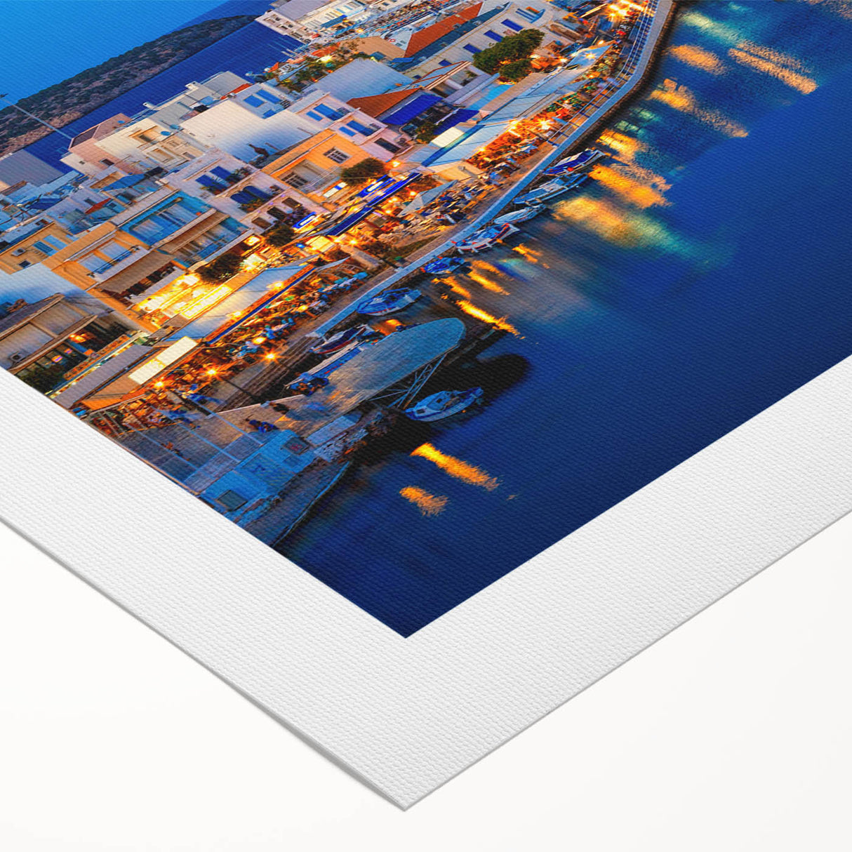 Art deco poster of Crete, Greece scenery in muted blue and white, rolled canvas, suitable for dining room wall art.