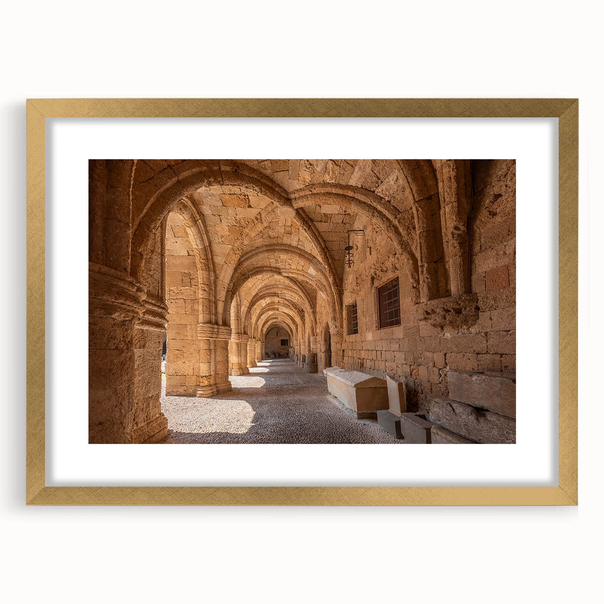 Abstract art print of Rhodes, Greece in muted earth tones on a framed canvas, suitable for dining room decor.