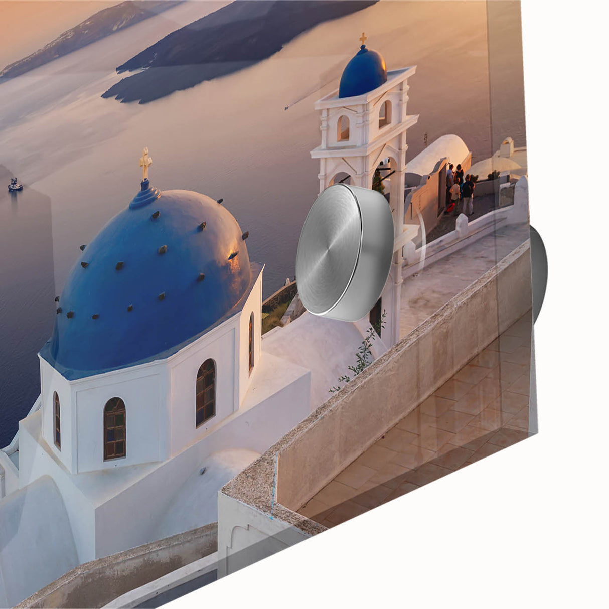 Large abstract depiction of Santorini with vibrant blue and white tones on acrylic glass, ideal for dining room art.