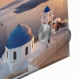 Large abstract depiction of Santorini with vibrant blue and white tones on acrylic glass, ideal for dining room art.