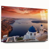 Acrylic print of Santorini landscape in vibrant blue and white tones, suitable for bedroom or dining room decor.
