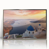 Framed acrylic print of Santorini landscape with blue and white buildings, ideal for modern art wall decor.