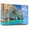 Acrylic print of a serene Greek landscape in muted blue and white tones, ideal for dining room decor.