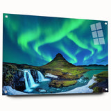 Acrylic print of a serene Icelandic landscape in muted blues and greens, suitable for bedroom or dining room decor.
