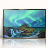 Acrylic print of a serene Icelandic landscape in muted blue and green tones, framed in gold.