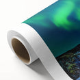 Art deco poster of a serene Icelandic landscape in muted blue and green tones on rolled canvas, ideal for nursery wall art.