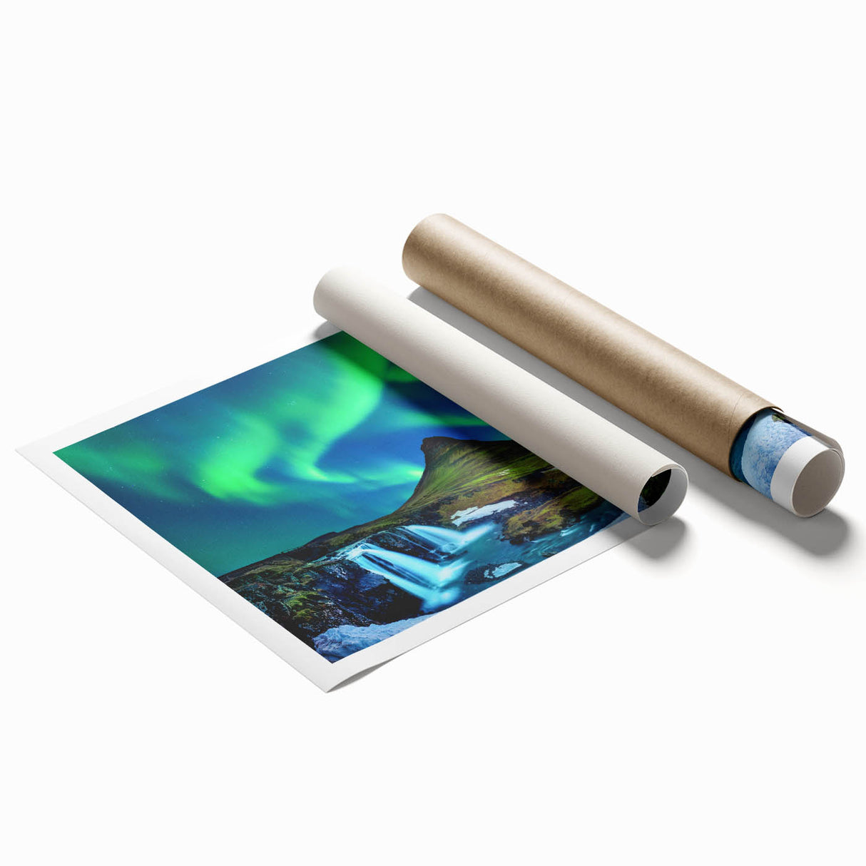 Extra large rolled print of a serene Icelandic landscape, featuring muted green and blue tones.