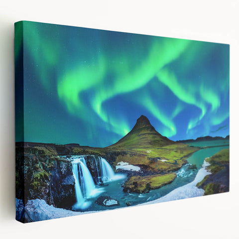 Icelandic landscape with muted green and blue tones on a large stretched canvas, ideal for kitchen wall art.