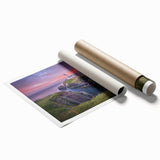 Extra large wall art depicting a serene Irish landscape in muted greens and blues, ideal for classy bathroom decor.