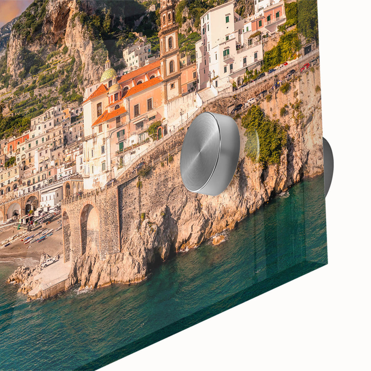 Acrylic print of the Amalfi Coast with bright blue and white tones.