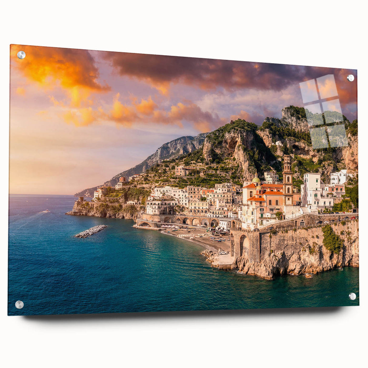 Acrylic print of the Amalfi Coast with vibrant blue and terracotta hues, ideal for bedroom or dining room decor.