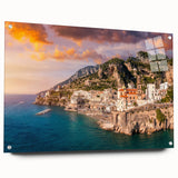 Acrylic print of the Amalfi Coast with vibrant blue and terracotta hues, ideal for bedroom or dining room decor.