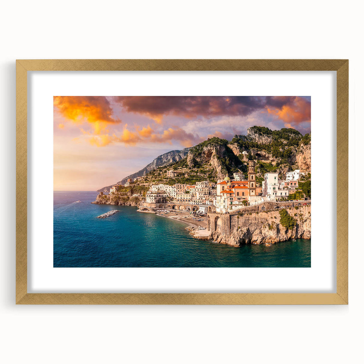 Abstract art print of the Amalfi Coast in pastel shades on framed canvas, suitable for dining room decor.