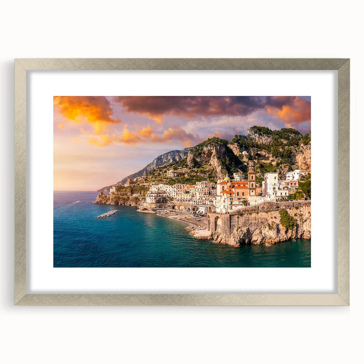 Extra large wall art of Amalfi Coast with textured abstract print, in a silver frame, ideal for living room decor.