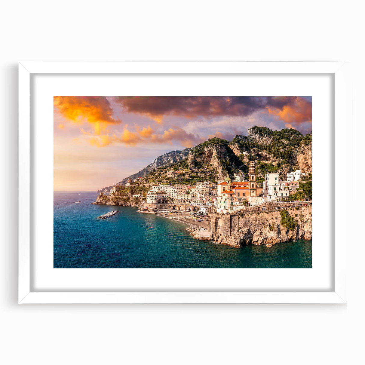 Textured art print of the Amalfi Coast in muted pastel shades on a framed white mat, ideal for bedroom art.