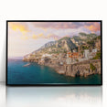 Large abstract wall art of the Amalfi Coast in muted blue and white tones on a framed acrylic.