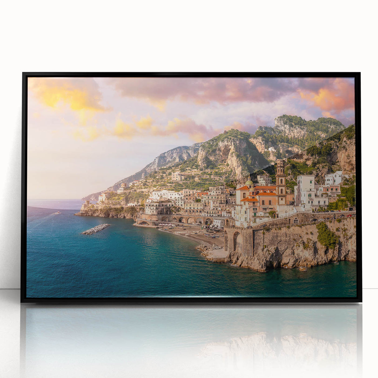Large abstract wall art of the Amalfi Coast in muted blue and white tones on a framed acrylic.