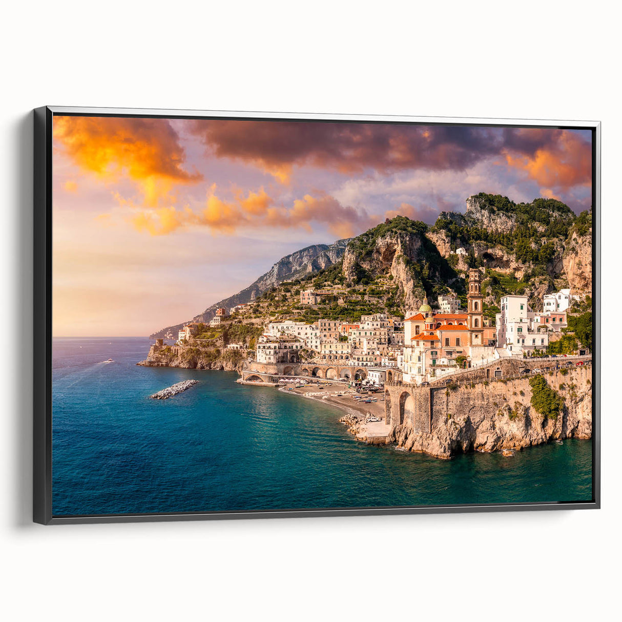Black and white framed canvas of Amalfi Coast landscape, ideal for bedroom wall art.