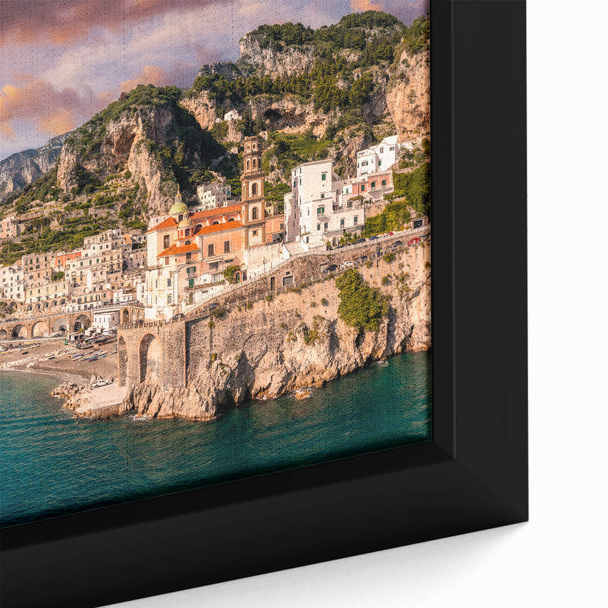 Extra large framed canvas of the Amalfi Coast in Italy, featuring textured black and colorful art.