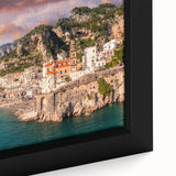 Extra large framed canvas of the Amalfi Coast in Italy, featuring textured black and colorful art.