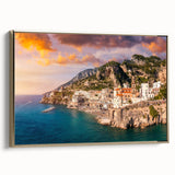 Framed canvas of Amalfi Coast landscape in vintage poster style, featuring black and gold tones, ideal for bedroom wall art.