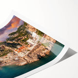Extra large rolled print of the Amalfi Coast with line art flowers in soft pastel shades.