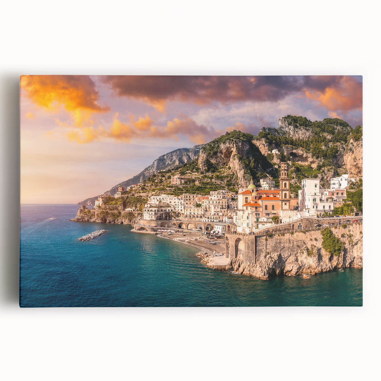 Black and white stretched canvas of the Amalfi Coast, ideal for kitchen wall art or bedroom ambiance.