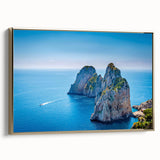 Framed canvas of a vintage-style Capri landscape in muted gold and black tones, ideal for bedroom wall art.