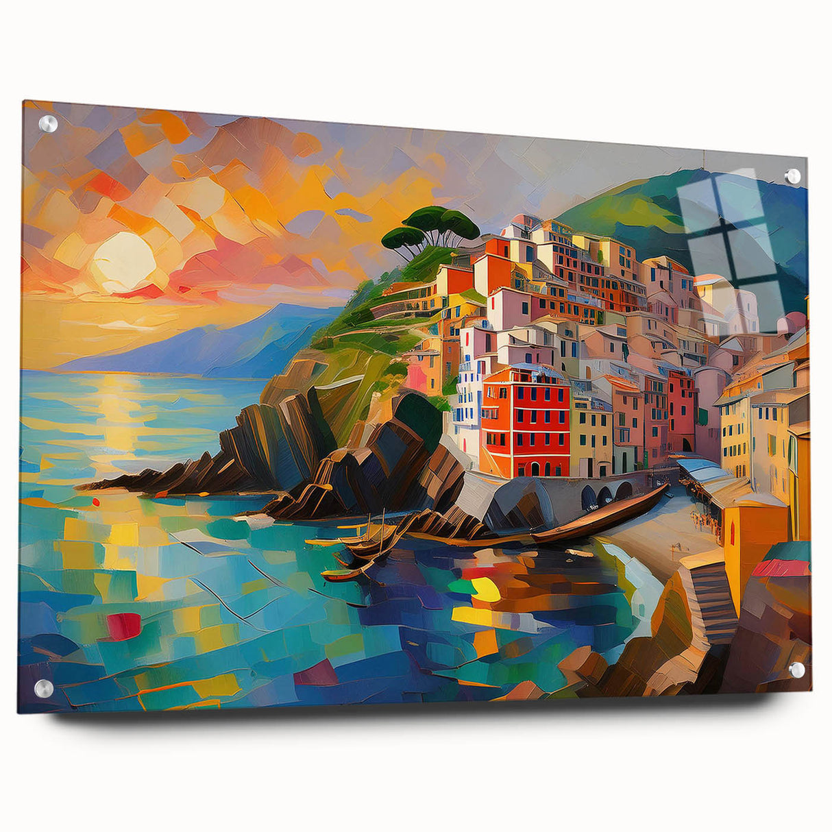 Acrylic print of Cinque Terre scenery in Italy, with vivid coastal colors, ideal for bedroom or dining room decor.